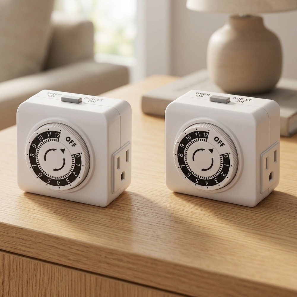 Timer Dual Outlet - 2個入り、24時間設定可能な屋内用メカニカルタイマー付き電源タップ。デュアルコンセント付きで、家庭やオフィス、キッチンの照明自動制御に最適。