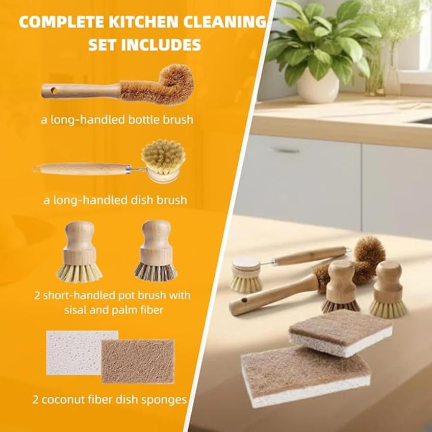 6個入り竹製食器洗いブラシセット - キッチン掃除ブラシキッ - Substrate Coconut Fiber のレビューと価格